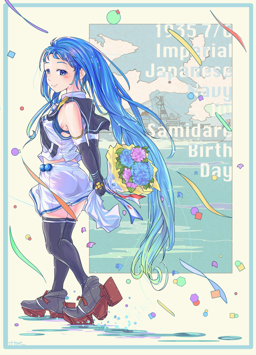 1girl absurdres arms_behind_back ass black_gloves black_thighhighs blue_eyes blue_hair bouquet elbow_gloves gloves happy_birthday highres long_hair looking_back samidare_(kancolle) solo thigh-highs thrux very_long_hair