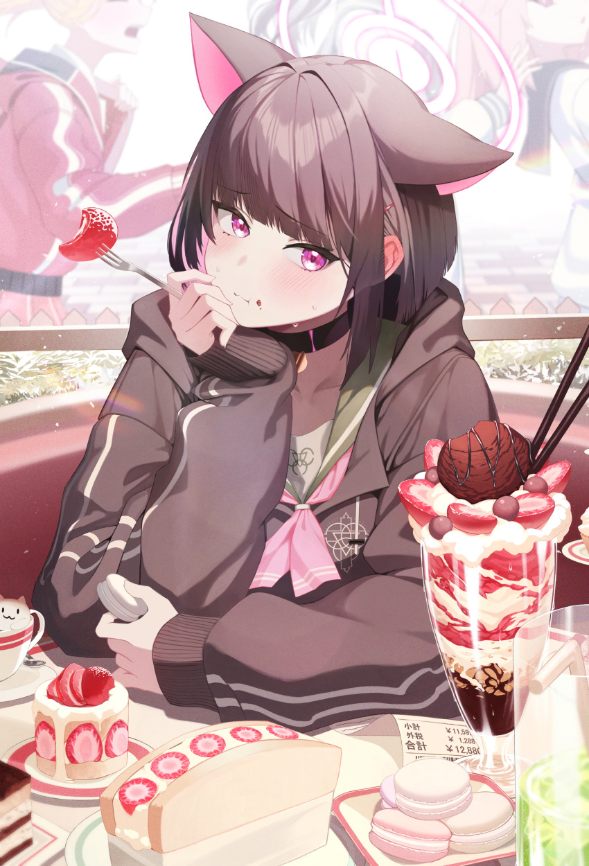 4girls absurdres airi_(blue_archive) animal_ears black_choker black_hair black_hoodie blue_archive blunt_bangs blush cake cat_ears choker collarbone colored_inner_hair derk dessert ear_blush extra_ears food food_on_face fruit halo hand_on_own_cheek hand_on_own_face highres hood hoodie kazusa_(blue_archive) latte_art looking_at_viewer macaron multicolored_hair multiple_girls natsu_(blue_archive) neckerchief parfait pink_eyes pink_hair pink_neckerchief restaurant school_uniform sitting solo_focus strawberry strawberry_cake sweatdrop two-tone_hair yoshimi_(blue_archive)