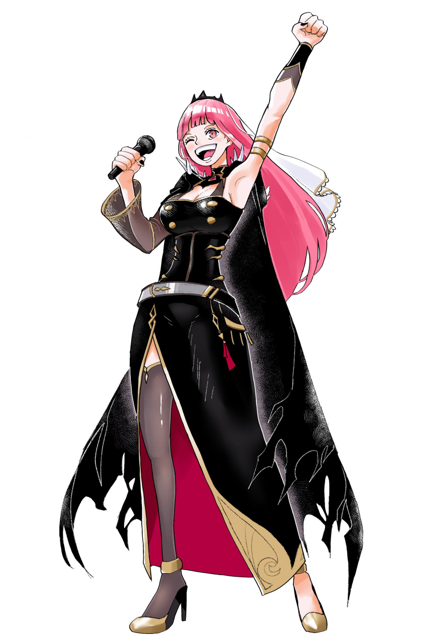 1girl ;d absurdres archist2357 arm_up armpits black_cape black_dress blunt_bangs breasts cape clenched_hand detached_sleeves dress highres holding holding_microphone hololive hololive_english large_breasts long_hair microphone mori_calliope mori_calliope_(1st_costume) oda_eiichirou_(style) one_eye_closed open_mouth parody pink_eyes pink_hair side_slit single_detached_sleeve single_thighhigh smile spiked_hood style_parody thigh-highs tiara torn_cape torn_clothes veil virtual_youtuber white_background
