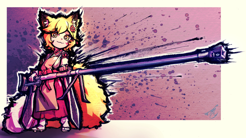 1girl absurdres animal_ear_fluff animal_ears anti-materiel_rifle apron bipod blonde_hair bolt_action border crosshatching flat_chest floofsmear flower fluffy fox_ears fox_girl fox_tail gun hair_between_eyes hair_flower hair_ornament hakama hatching_(texture) highres holding holding_gun holding_weapon japanese_clothes kimono kitsune kyuubi long_eyelashes long_sleeves looking_at_viewer mixed_media multiple_tails outline paint_splatter pink_background ptrd-41 rifle senko_(sewayaki_kitsune_no_senko-san) sewayaki_kitsune_no_senko-san short_hair smile smug sniper_rifle solo standing tabi tail thick_outlines weapon white_border white_kimono white_outline yellow_eyes yellow_fur