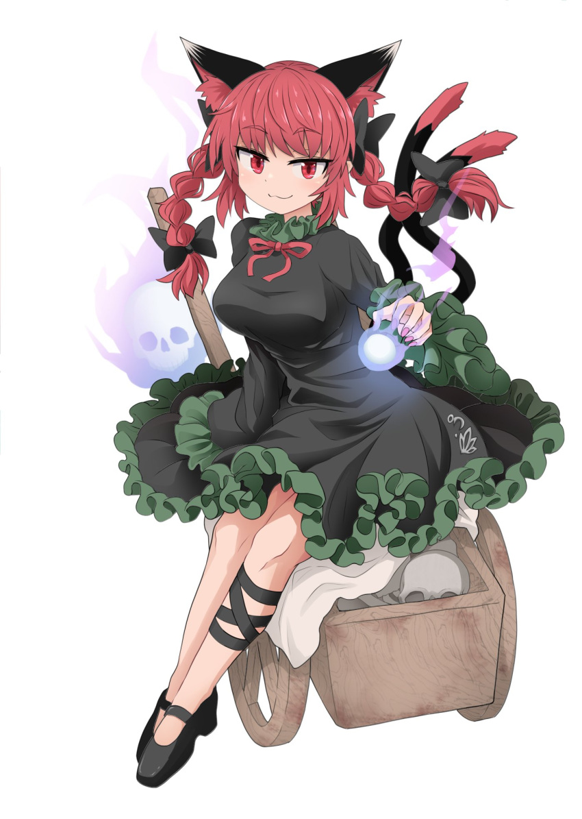 1girl :3 animal_ears black_bow bow braid breasts cat_ears cat_tail chups commentary_request dress floating_skull frills green_dress hair_bow hair_ribbon highres hitodama kaenbyou_rin large_breasts light_blush looking_at_viewer multiple_tails nekomata red_eyes red_ribbon redhead ribbon simple_background solo tail touhou tress_ribbon twin_braids two_tails white_background