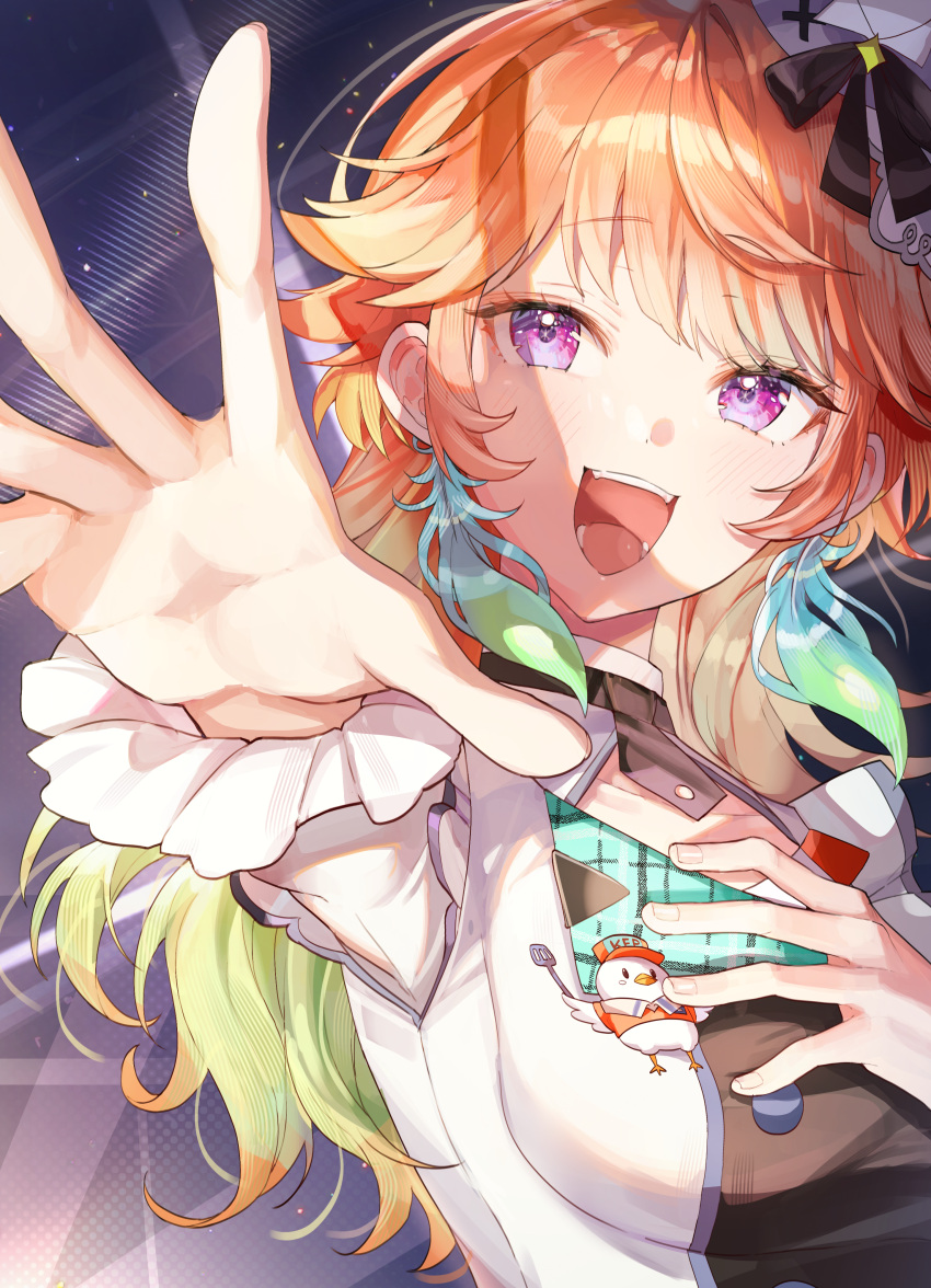 1girl :d absurdres animal_ears commentary earrings english_commentary feather_earrings feathers gradient_hair green_hair highres hololive hololive_english idol jewelry long_hair looking_at_viewer misyune multicolored_hair open_mouth orange_hair smile takanashi_kiara teeth upper_body violet_eyes virtual_youtuber