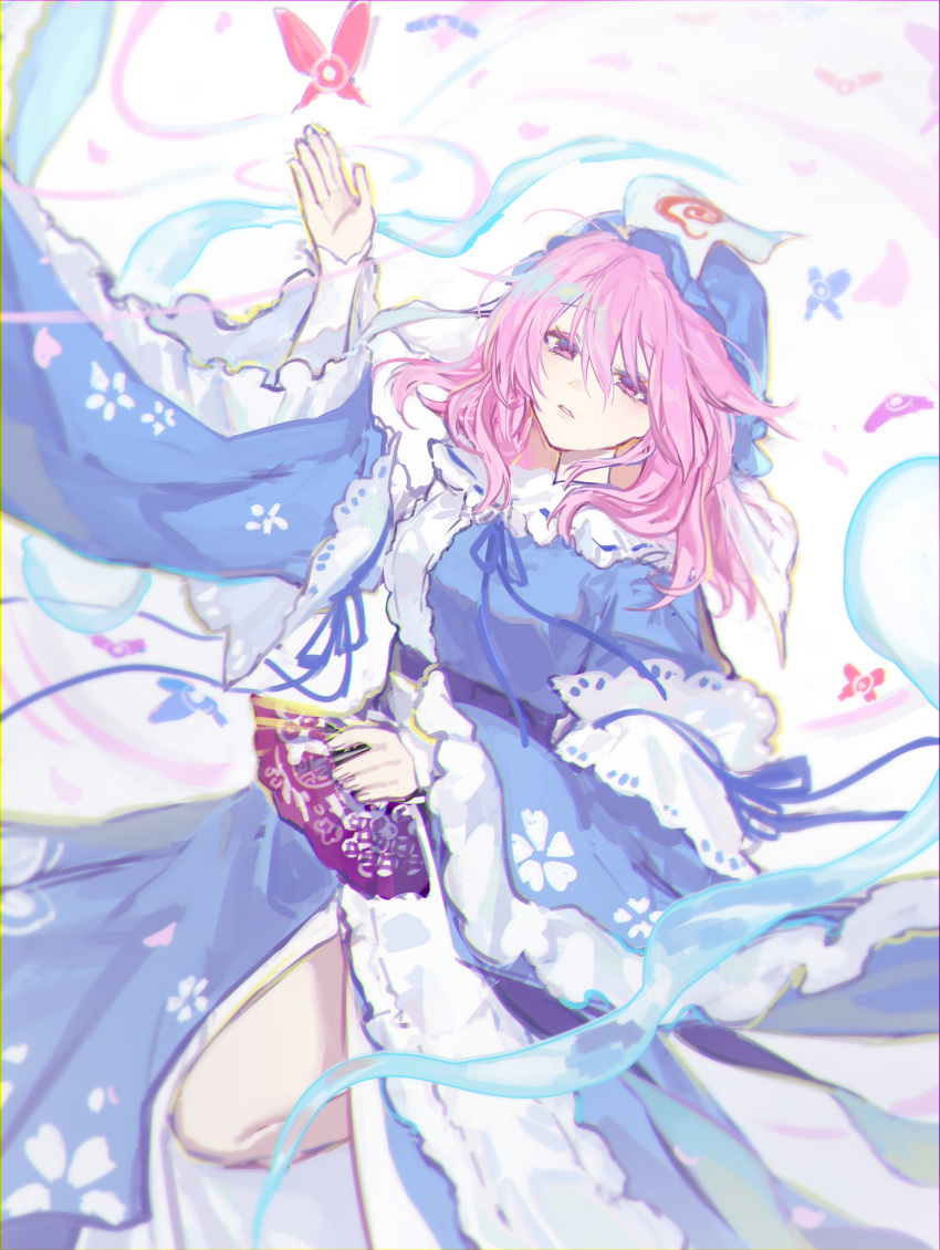 1girl absurdres blue_kimono bug butterfly curly_hair frilled_kimono frills ghost_hair_ornament hair_between_eyes hand_up hat highres japanese_clothes kimono long_sleeves lying medium_hair messy_hair mob_cap on_back on_floor pink_eyes pink_hair saigyouji_yuyuko solo sp0i0ppp thighs touhou