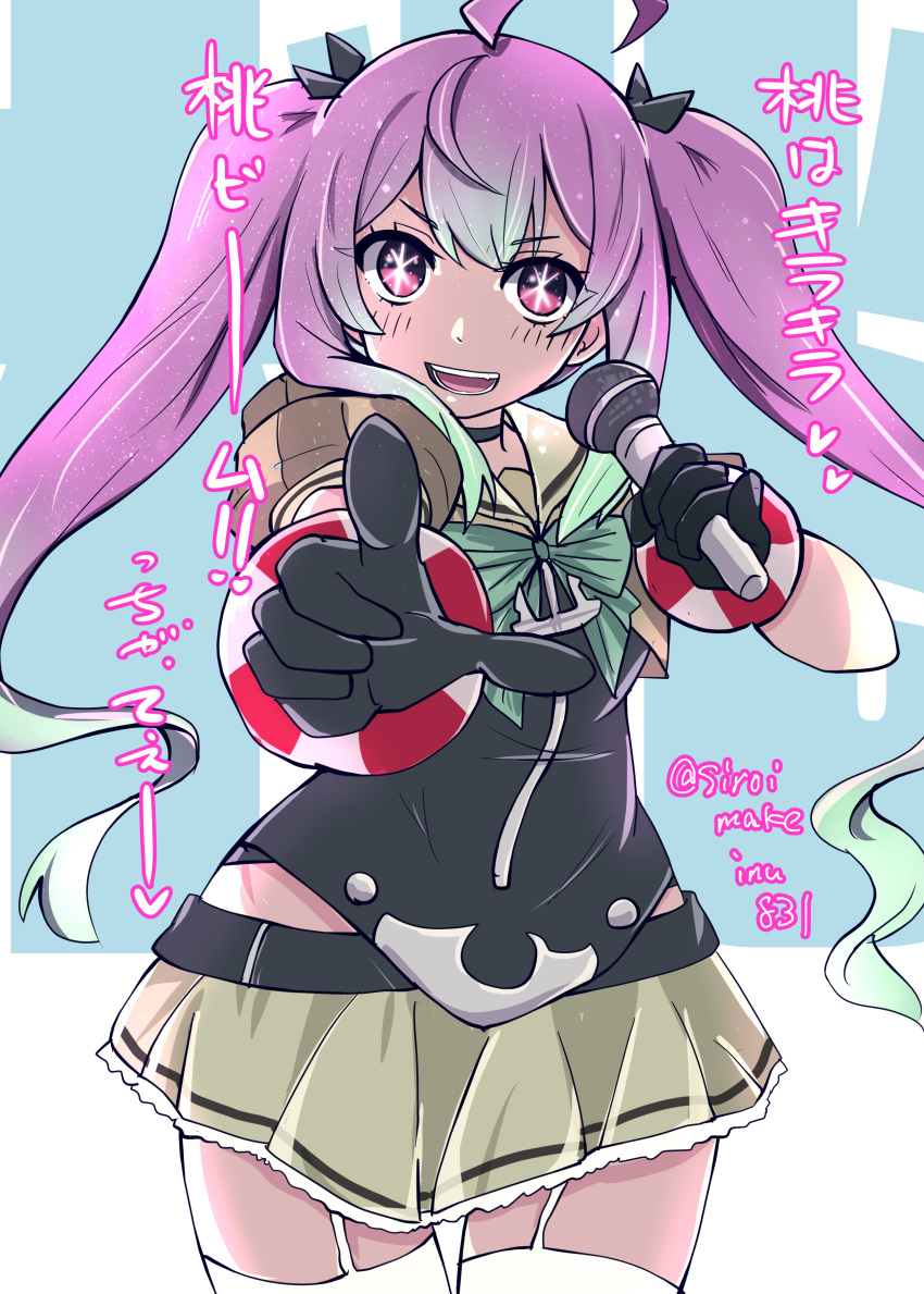 1girl absurdres ahoge anchor black_gloves bow bracelet character_name corset cowboy_shot garter_straps gloves gradient_hair green_bow green_hair grey_sailor_collar grey_skirt highres jewelry kantai_collection kitahama_(siroimakeinu831) long_hair looking_at_viewer microphone momo_(kancolle) multicolored_hair one-hour_drawing_challenge oshi_no_ko pink_hair pleated_skirt pointing red_eyes sailor_collar sailor_shirt school_uniform serafuku shirt skirt solo star-shaped_pupils star_(symbol) symbol-shaped_pupils teeth text_background thigh-highs twintails twitter_username white_background