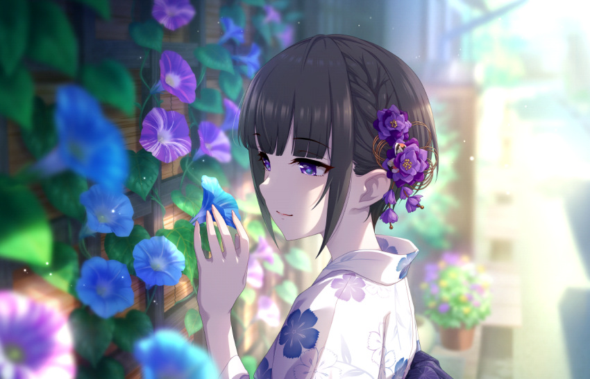 1girl black_hair blunt_bangs blurry blurry_background braid depth_of_field floral_print flower hair_flower hair_ornament idolmaster idolmaster_cinderella_girls idolmaster_cinderella_girls_starlight_stage japanese_clothes kimono light_smile looking_at_flowers morning_glory official_art outdoors shirayuki_chiyo solo upper_body violet_eyes yukata