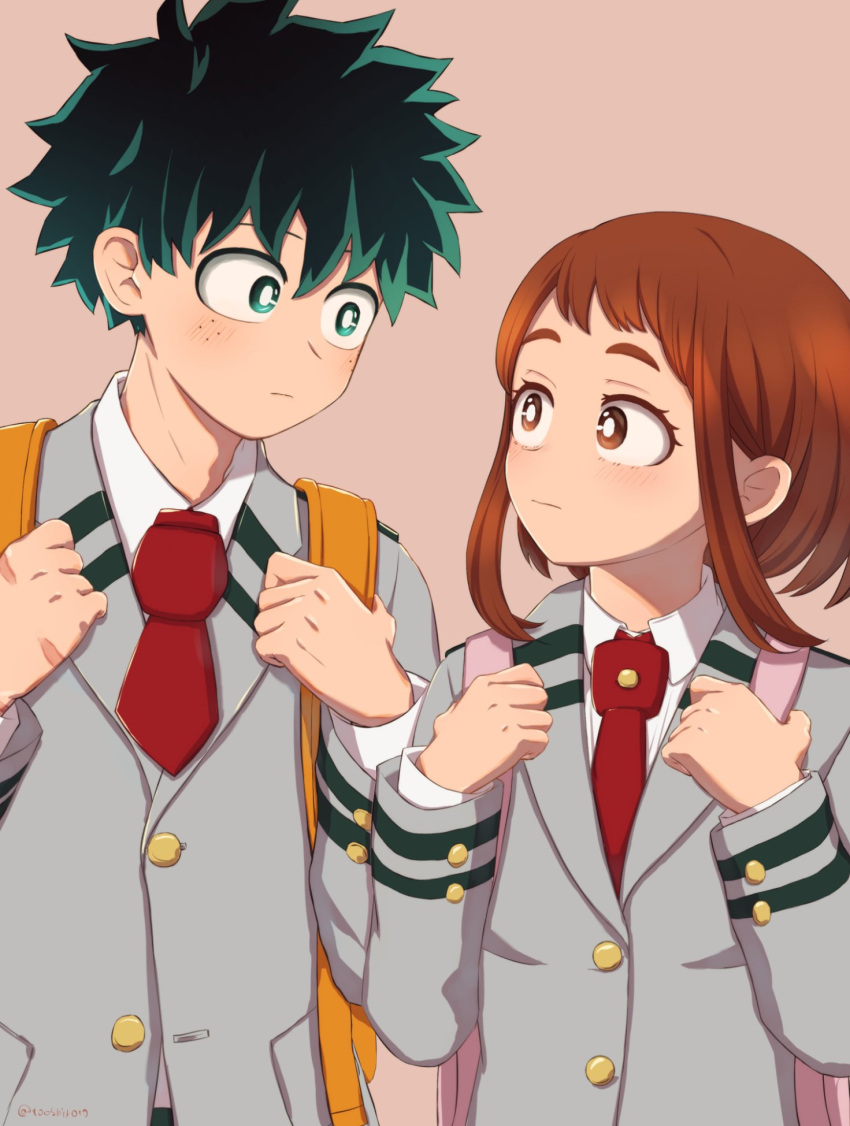 1boy 1girl backpack bag boku_no_hero_academia brown_eyes brown_hair commentary_request green_eyes green_hair grey_jacket highres jacket medium_hair midoriya_izuku necktie red_necktie scar scar_on_hand school_uniform sidelocks tooshiro10 u.a._school_uniform uraraka_ochako