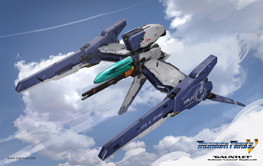 blue_sky captoon character_name clouds concept_art contrail energy_cannon english_commentary english_text fake_screenshot flying gameplay_mechanics no_humans realistic rvr-01_gauntlet science_fiction signature sky spacecraft starfighter thunder_force thunder_force_v title video_game web_address