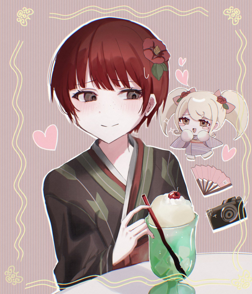 2girls :d black_kimono blonde_hair blunt_bangs blush blush_stickers border bow brown_eyes camera cherry chibi chibi_inset circle_hands closed_mouth commentary cup danganronpa_(series) danganronpa_2:_goodbye_despair drink drinking_glass drinking_straw eyelashes flower folding_fan food freckles fruit green_kimono hair_bow hair_flower hair_ornament hand_fan hands_on_own_face heart hibiscus highres holding holding_drinking_straw japanese_clothes kimono koizumi_mahiru long_hair long_sleeves looking_at_another looking_at_object looking_down multiple_girls narrowed_eyes obi open_mouth paper_fan pink_bow pink_kimono pinstripe_pattern raised_eyebrows red_flower red_sash redhead ringed_eyes saionji_hiyoko sash shirase_aron_(sisisiroo) short_hair smile striped striped_background sweatdrop table turning_head twintails two-tone_kimono upper_body very_short_hair whipped_cream wide_sleeves worried yellow_border