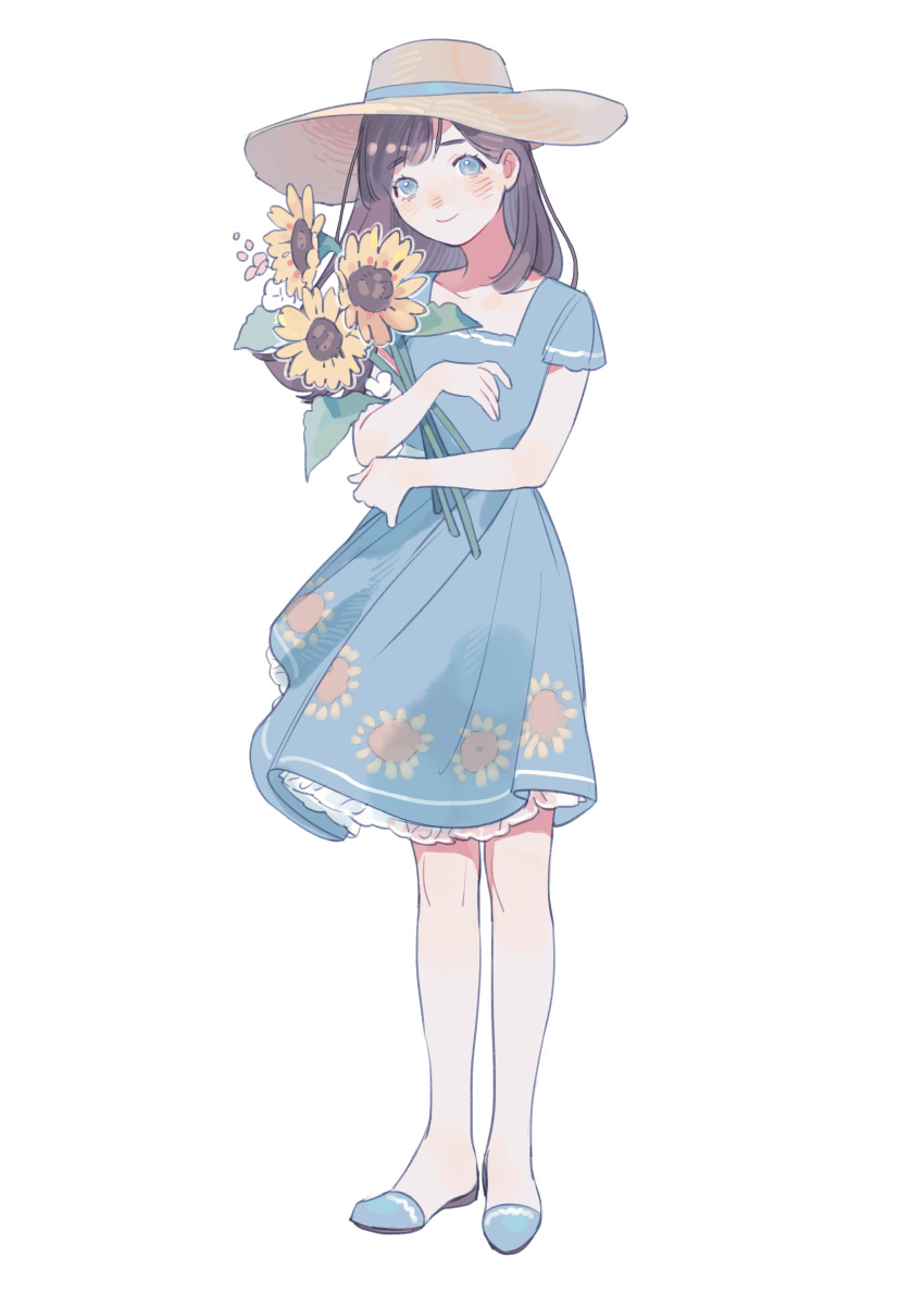 1girl absurdres blue_dress blue_eyes blue_footwear blush brown_hair brown_headwear closed_mouth collarbone commentary dress floral_print flower frilled_dress frills full_body hand_up hat hidari_(nanmu-left) highres holding holding_flower long_hair original shoes short_sleeves simple_background smile solo standing straight_hair straw_hat sunflower sunflower_print symbol-only_commentary tareme white_background yellow_flower