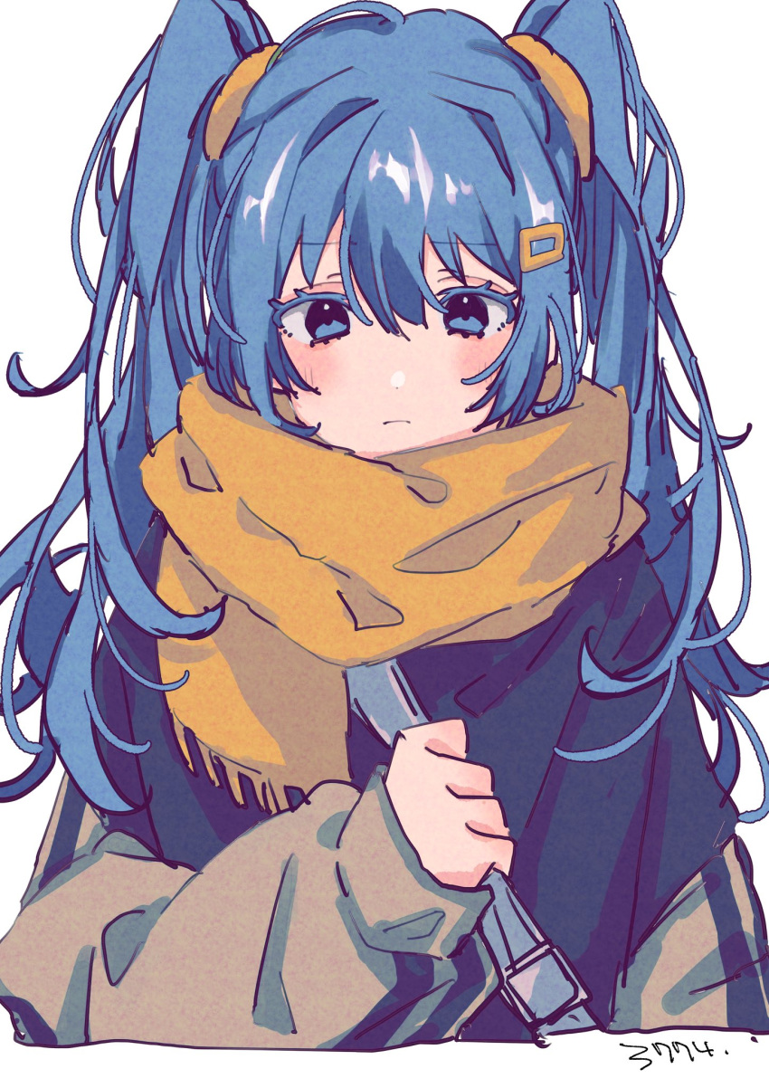 1girl bag black_sweater blue_eyes blue_hair bokarokaku cropped_torso hair_ornament hairclip hand_up hatsune_miku highres long_hair long_sleeves scarf shoulder_bag simple_background solo sweater twintails upper_body vocaloid white_background yellow_scarf