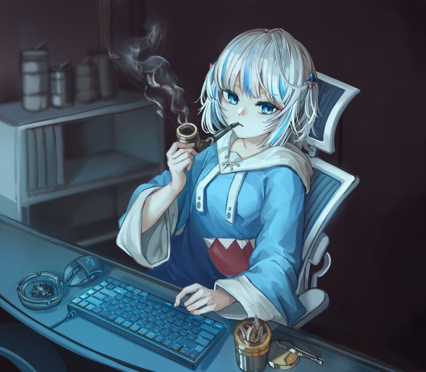 1girl blue_eyes blue_hair blue_hoodie chair dainillust drawstring gawr_gura hair_ornament highres holding holding_smoking_pipe hololive hololive_english hood hood_down hoodie indoors keyboard_(computer) long_sleeves looking_at_viewer mouse_(computer) multicolored_hair sitting smoke smoking smoking_pipe solo streaked_hair two_side_up virtual_youtuber white_hair
