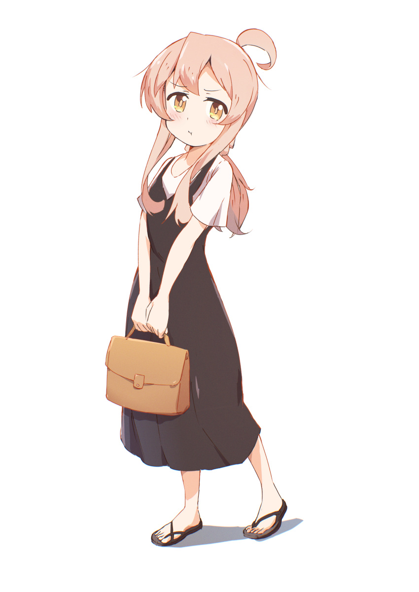 1girl :i absurdres ahoge alternate_costume alternate_hairstyle bag bare_arms black_dress black_footwear commentary dot_nose dress flip-flops full_body highres holding holding_bag kaai_yuu light_blush long_hair looking_at_viewer low_ponytail no_socks onii-chan_wa_oshimai! orange_eyes oyama_mahiro pink_hair pout sandals short_sleeves sidelocks simple_background solo v_arms white_background