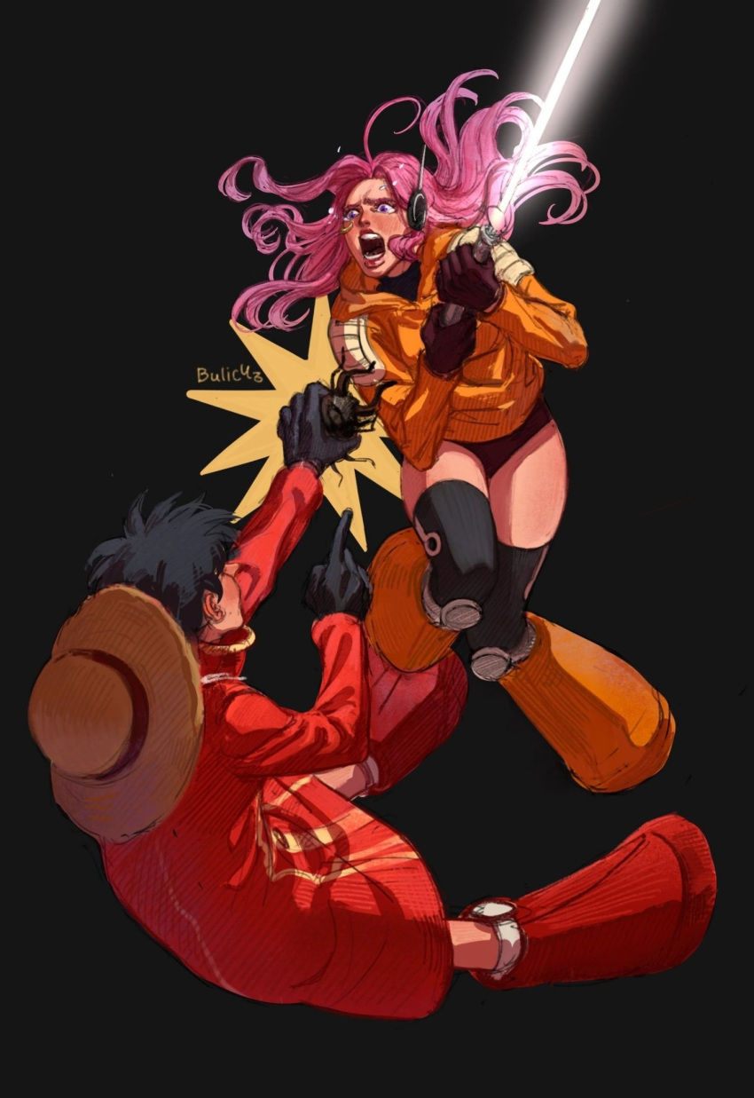 1boy 1girl artist_name black_background black_gloves black_hair blush bodysuit bulic-h full_body gloves hat hat_removed headphones headwear_removed highres holding holding_sword holding_weapon jewelry_bonney lipstick long_hair makeup monkey_d._luffy one_piece open_mouth pink_hair short_hair straw_hat sword weapon