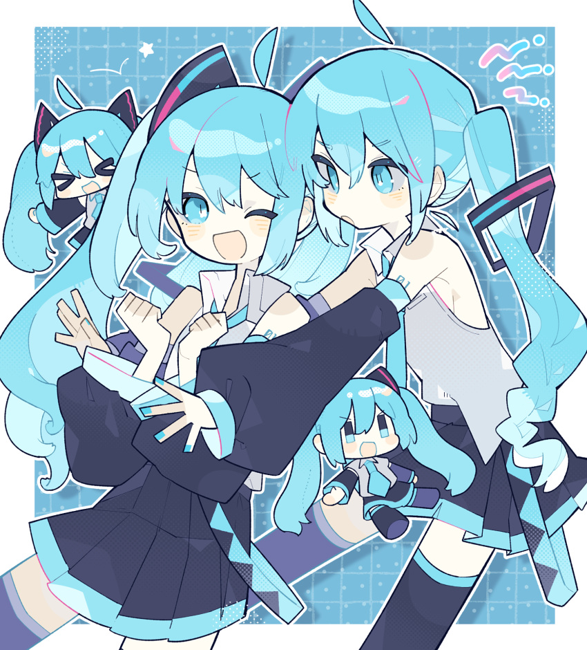 &gt;_&lt; 1girl ahoge black_skirt black_thighhighs blue_background blue_eyes blue_hair blue_nails blush_stickers chibi cowboy_shot detached_ahoge detached_sleeves grey_shirt hair_between_eyes hair_ornament hairclip hands_up hatsune_miku highres long_hair long_sleeves mamimu_(ko_cha_22) multiple_views nail_polish one_eye_closed open_mouth pleated_skirt shirt skirt smile star_(symbol) thigh-highs twintails vocaloid wide_sleeves
