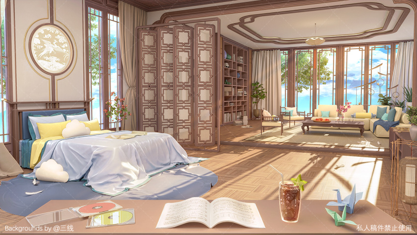 bed bed_sheet book cd cd_case cup curtains day desk drink drinking_glass drinking_straw flower indoors no_humans open_book origami original pillow sanxian_(wufs4222) scenery shelf table window