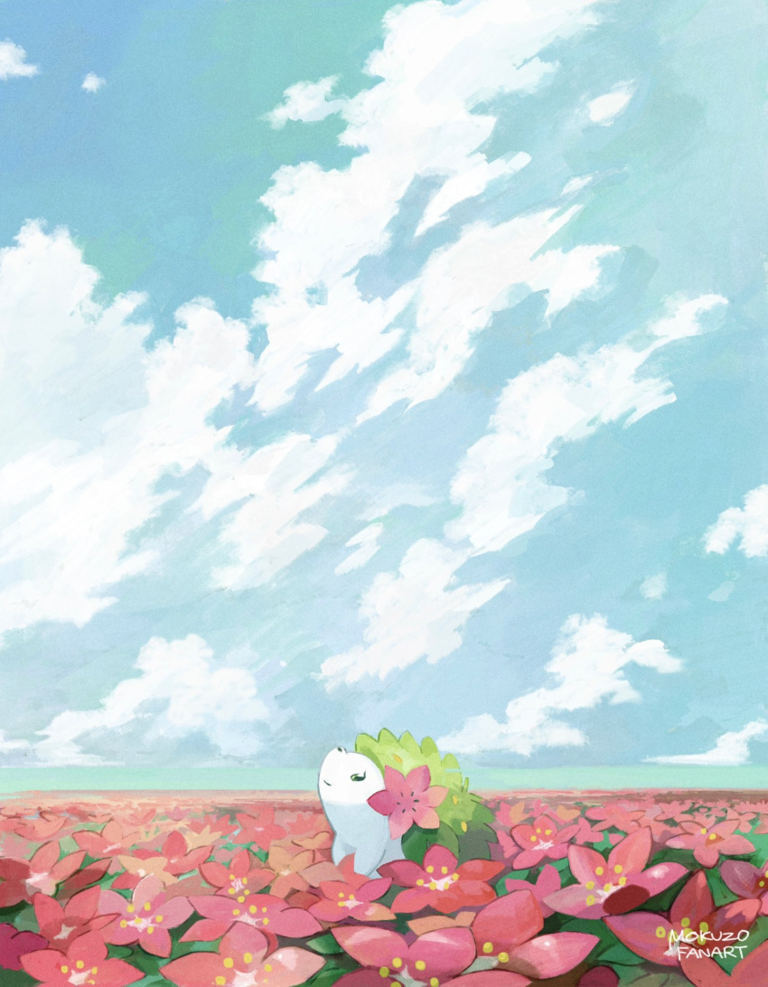 closed_mouth clouds commentary day field flower flower_field from_side highres looking_up mokuzou_(moku_ssbu) no_humans outdoors pink_flower pokemon pokemon_(creature) shaymin shaymin_(land) signature sky solo symbol-only_commentary