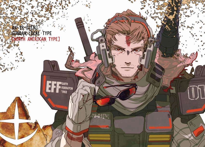 1boy 8823 armor bright_pupils brown_gloves brown_hair brown_jacket brown_scarf camouflage camouflage_jacket character_name closed_mouth commentary_request earth_federation_space_forces facepaint facial_hair gloves gundam headphones highres holding holding_eyewear humanization jacket light_smile looking_at_viewer male_focus mecha_danshi mobile_suit_gundam:_cucuruz_doan's_island red_eyes removing_eyewear rx-78-1_gundam_local_type scarf shoulder_armor shoulder_cannon solo stubble sunglasses tinted_eyewear upper_body v-shaped_eyebrows white_pupils