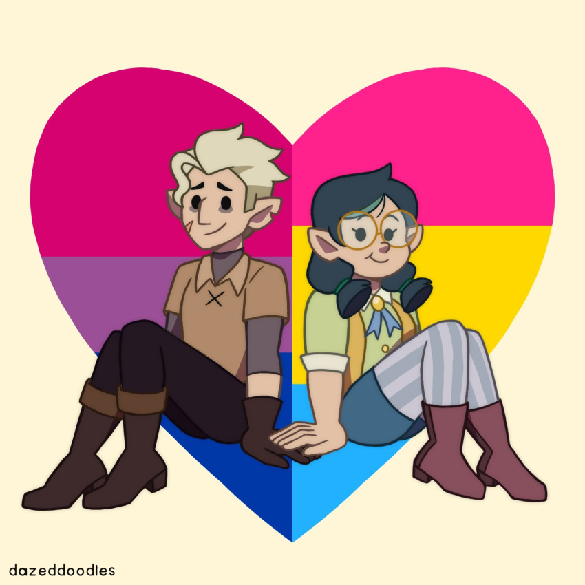 1boy 1girl artist_name bisexual_flag bisexual_male blonde_hair dazeddoodles english_commentary glasses gloves highres holding_hands hunter_(the_owl_house) notched_ear pansexual_flag pointy_ears round_eyewear scar scar_on_face short_hair simple_background smile the_owl_house willow_park