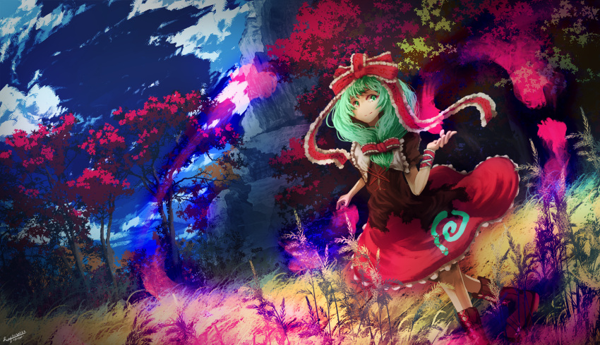 1girl arm_ribbon blue_sky closed_mouth clouds commentary_request cross-laced_clothes frilled_ribbon frills front_ponytail grass green_eyes green_hair hair_ribbon highres kagiyama_hina looking_at_viewer outdoors red_ribbon red_shirt red_skirt ribbon scenery shirt short_sleeves skirt sky solo touhou tree wjstpwls4