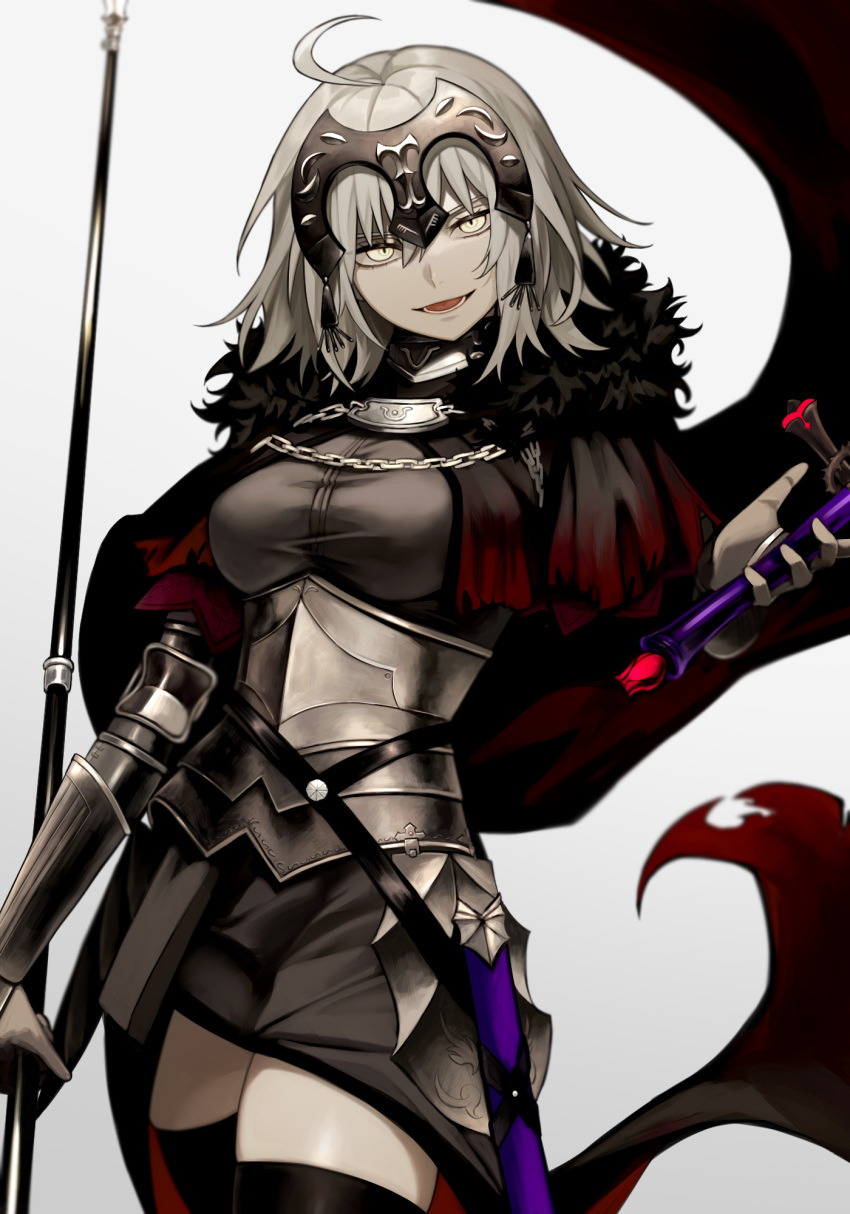 1girl ahoge armor armored_dress black_cape black_dress black_thighhighs cape chain commentary_request dress fate/grand_order fate_(series) gauntlets grey_hair headpiece highres holding holding_polearm holding_sword holding_weapon jeanne_d'arc_alter_(avenger)_(fate) jeanne_d'arc_alter_(fate) looking_at_viewer open_mouth pale_skin plackart polearm sheath short_hair simple_background solo sumi_(gfgf_045) sword thigh-highs torn_cape torn_clothes weapon white_background yellow_eyes