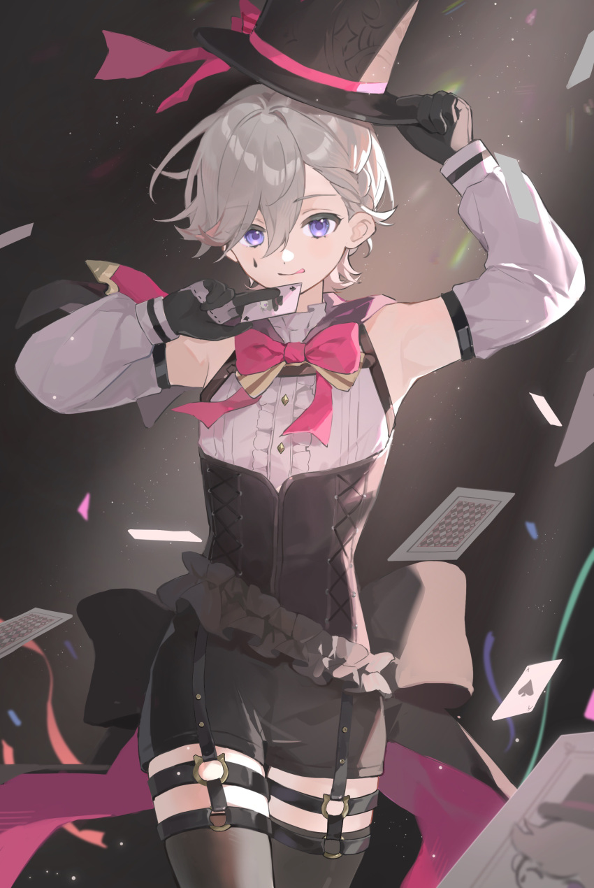1boy absurdres asymmetrical_bangs black_headwear black_thighhighs blonde_hair bow bowtie card chinese_commentary commentary_request detached_sleeves genshin_impact hat highres holding holding_card holding_clothes holding_hat lyney_(genshin_impact) male_focus pink_bow pink_bowtie playing_card short_hair solo teardrop_facial_mark thigh-highs top_hat violet_eyes white_sleeves yuki_(miyuki_kii)
