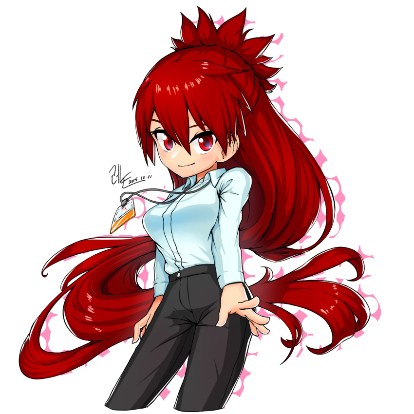 1girl black_pants closed_mouth collared_shirt dated drop_shadow elesis_(elsword) elsword feet_out_of_frame highres hoae long_hair long_sleeves name_tag no_nose pants red_eyes shirt signature simple_background smile solo very_long_hair white_background white_shirt