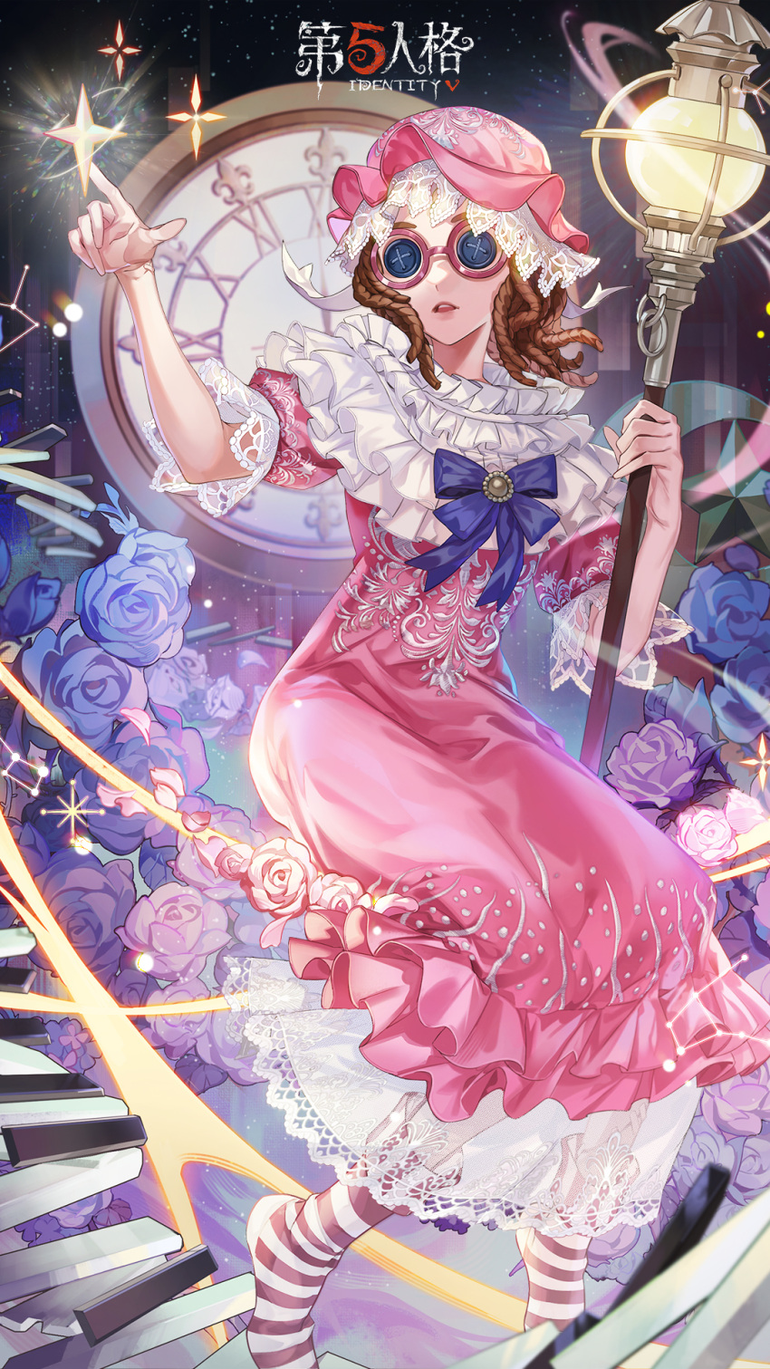 1girl arm_up big_dipper blue_bow blue_eyes blue_flower blue_rose bow brown_hair button_eyes clock constellation copyright_name dress dress_bow feet_out_of_frame flower frilled_dress frilled_headwear frilled_sleeves frills glasses hat helena_adams helena_adams_(eversleeping_girl) highres holding holding_staff identity_v index_finger_raised logo medium_hair mob_cap no_shoes official_art official_wallpaper open_mouth piano_keys pink-framed_eyewear pink_dress pink_headwear puffy_short_sleeves puffy_sleeves rose round_eyewear short_sleeves socks solo staff star_(symbol) striped striped_socks teeth upper_teeth_only
