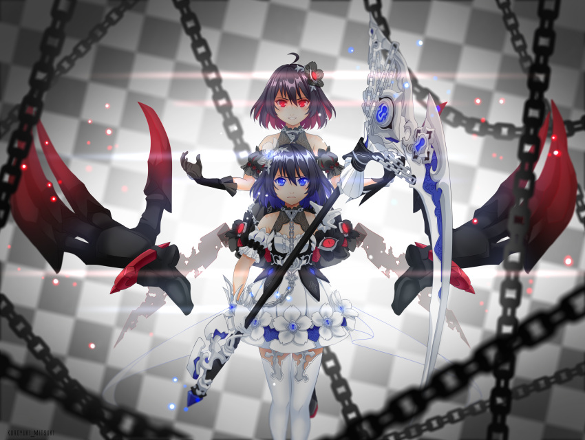 2girls absurdres ahoge black_dress black_gloves blue_eyes blue_hair checkered_background claws closed_mouth disembodied_limb dress dual_persona english_commentary gloves hair_ornament highres holding holding_scythe holding_weapon honkai_(series) honkai_impact_3rd kuroyuki-mitsuki multiple_girls red_eyes redhead scythe seele_vollerei seele_vollerei_(stygian_nymph) smile thigh-highs v-shaped_eyebrows weapon white_dress white_gloves white_thighhighs