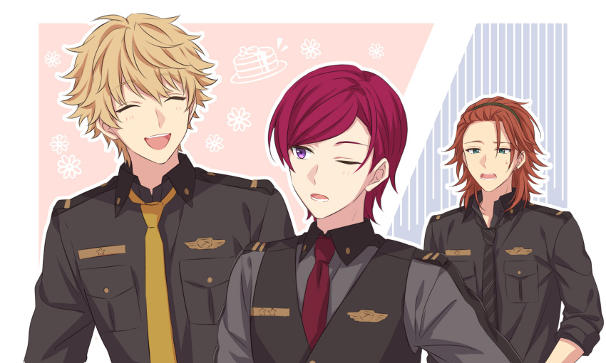 3boys black_shirt black_vest blonde_hair blush breast_pocket brown_hair collared_shirt commentary_request diagonal-striped_necktie earrings flower gast_adler green_eyes hairband helios_rising_heroes highres jewelry long_sleeves looking_at_another lower_teeth_only male_focus marion_blythe medium_hair multiple_boys necktie one_eye_closed open_collar open_mouth partial_commentary pocket red_necktie redhead sekina shirt short_hair star_(symbol) teeth upper_body upper_teeth_only vest violet_eyes will_sprout yellow_necktie