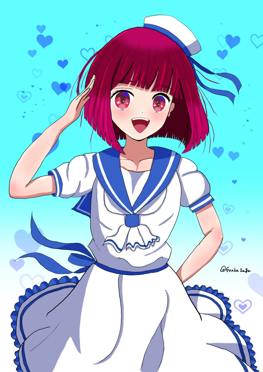 1girl :d absurdres arima_kana arm_behind_back blue_background blue_ribbon blue_sailor_collar blunt_bangs bob_cut commentary_request cowboy_shot dress frilled_dress frills genbasaga gradient_background hat hat_ribbon heart highres inverted_bob looking_at_viewer medium_hair neckerchief no_pupils open_mouth oshi_no_ko puffy_short_sleeves puffy_sleeves red_eyes redhead ribbon sailor_collar sailor_dress sailor_hat salute shadow short_sleeves smile solo teeth twitter_username upper_teeth_only waist_ribbon white_background white_dress white_headwear white_neckerchief
