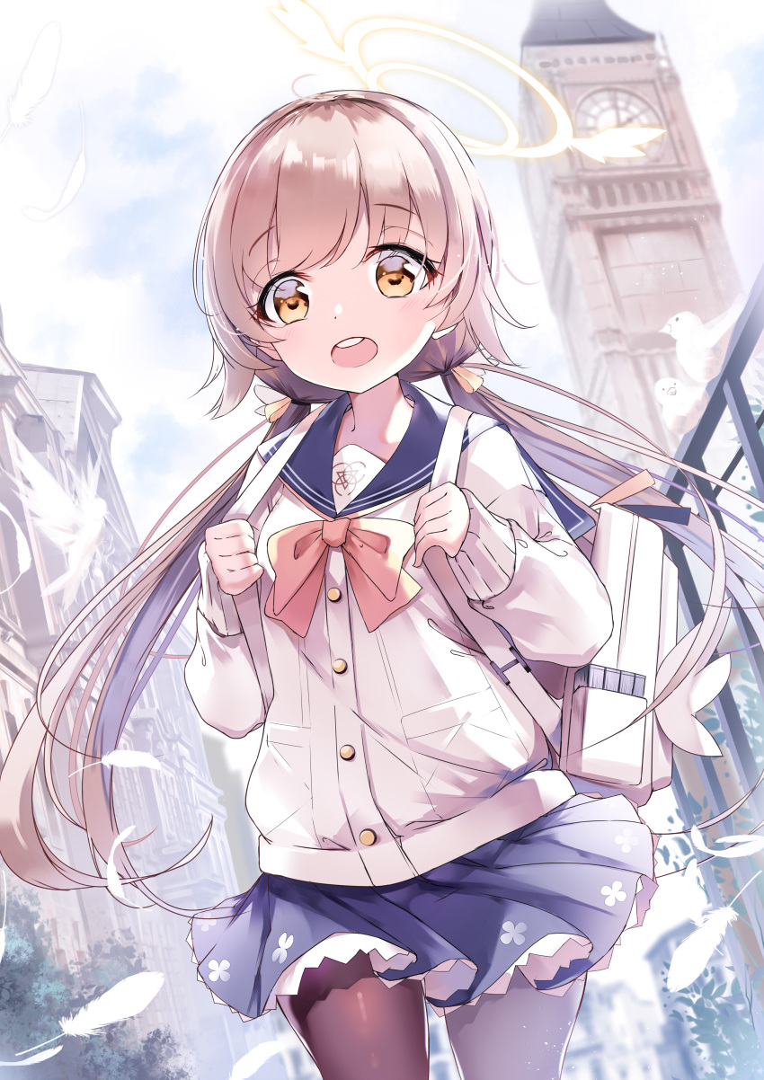 1girl absurdres backpack bag black_pantyhose blonde_hair blue_archive blue_sailor_collar blue_skirt bow bowtie cardigan chosunbe clock clock_tower cowboy_shot falling_feathers frilled_skirt frills halo hifumi_(blue_archive) highres long_sleeves looking_at_viewer low_twintails open_mouth outdoors pantyhose sailor_collar skirt solo teeth tower twintails upper_teeth_only white_bag white_cardigan yellow_bow yellow_bowtie yellow_eyes