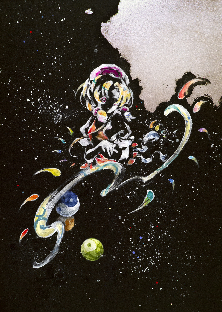 1girl abstract absurdres black_background blonde_hair hair_ornament hat highres ikeda_ruriko jewelry looking_at_viewer magatama magatama_necklace medium_hair necklace one_eye_closed painting_(medium) puffy_short_sleeves puffy_sleeves red_vest short_sleeves smile solo tamatsukuri_misumaru touhou traditional_media upper_body vest yin_yang