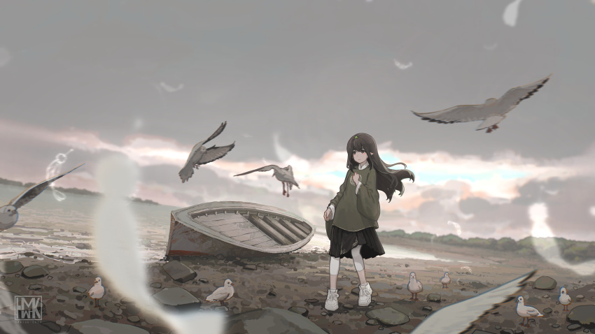 1girl absurdres artist_logo artist_name beach bird black_skirt blurry blurry_background blurry_foreground boat brown_eyes brown_hair chinese_clothes closed_mouth day elf expressionless falling_feathers feathers green_shirt grey_sky hand_up highres hua_ming_wink leggings long_hair long_sleeves mountainous_horizon original outdoors overcast pleated_skirt pointy_ears rock seagull shirt shoes skirt sky sneakers solo standing watercraft white_feathers white_footwear wide_sleeves
