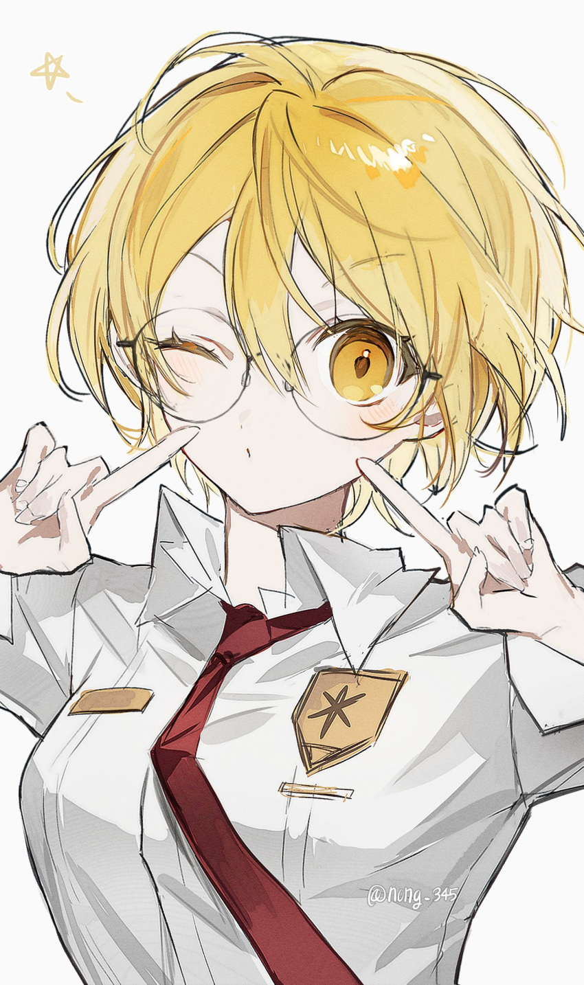 1girl badge blonde_hair collared_shirt don_quixote_(limbus_company) highres index_finger_raised limbus_company long_sleeves looking_at_viewer necktie nong_345 one_eye_closed project_moon red_necktie round_eyewear shirt short_hair sidelocks simple_background solo star_(symbol) upper_body white_background white_shirt yellow_eyes