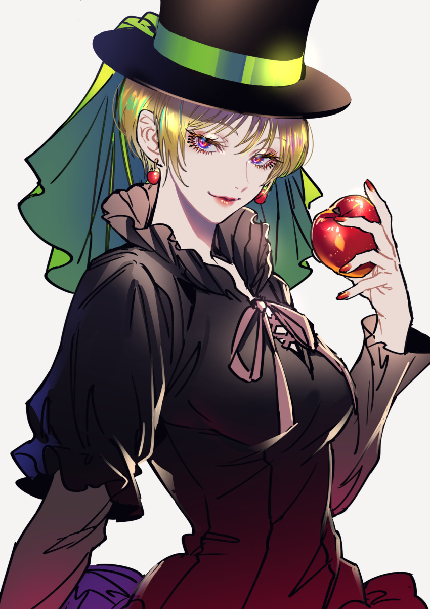 1girl apple black_dress black_headwear blonde_hair boater_hat breasts closed_mouth dress earrings fingernails food fruit hand_up hat highres holding holding_food holding_fruit hoozuki_no_reitetsu jewelry lilith_(hoozuki_no_reitetsu) long_sleeves looking_at_viewer medium_breasts nail_polish puffy_sleeves red_lips red_nails short_hair simple_background solo tenobe upper_body violet_eyes white_background