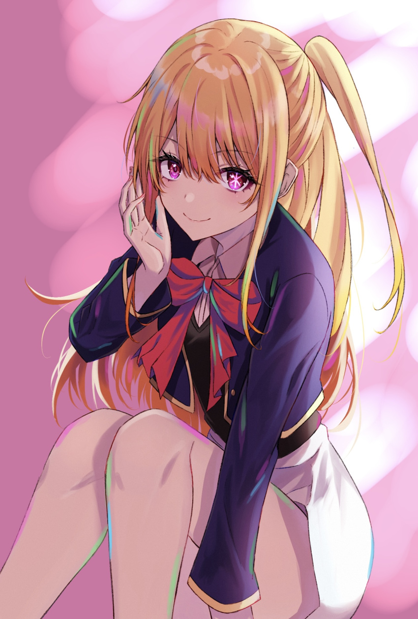1girl black_vest blonde_hair blue_jacket bow bowtie closed_mouth collared_shirt cropped_jacket dande_cat dress_shirt feet_out_of_frame film_grain grey_skirt hair_between_eyes hand_up highres hoshino_ruby jacket knees_up long_hair long_sleeves looking_at_viewer mismatched_pupils one_side_up open_clothes open_jacket oshi_no_ko pink_background red_bow red_bowtie school_uniform shirt sitting skirt smile solo star-shaped_pupils star_(symbol) symbol-shaped_pupils vest white_shirt youtou_high_school_uniform