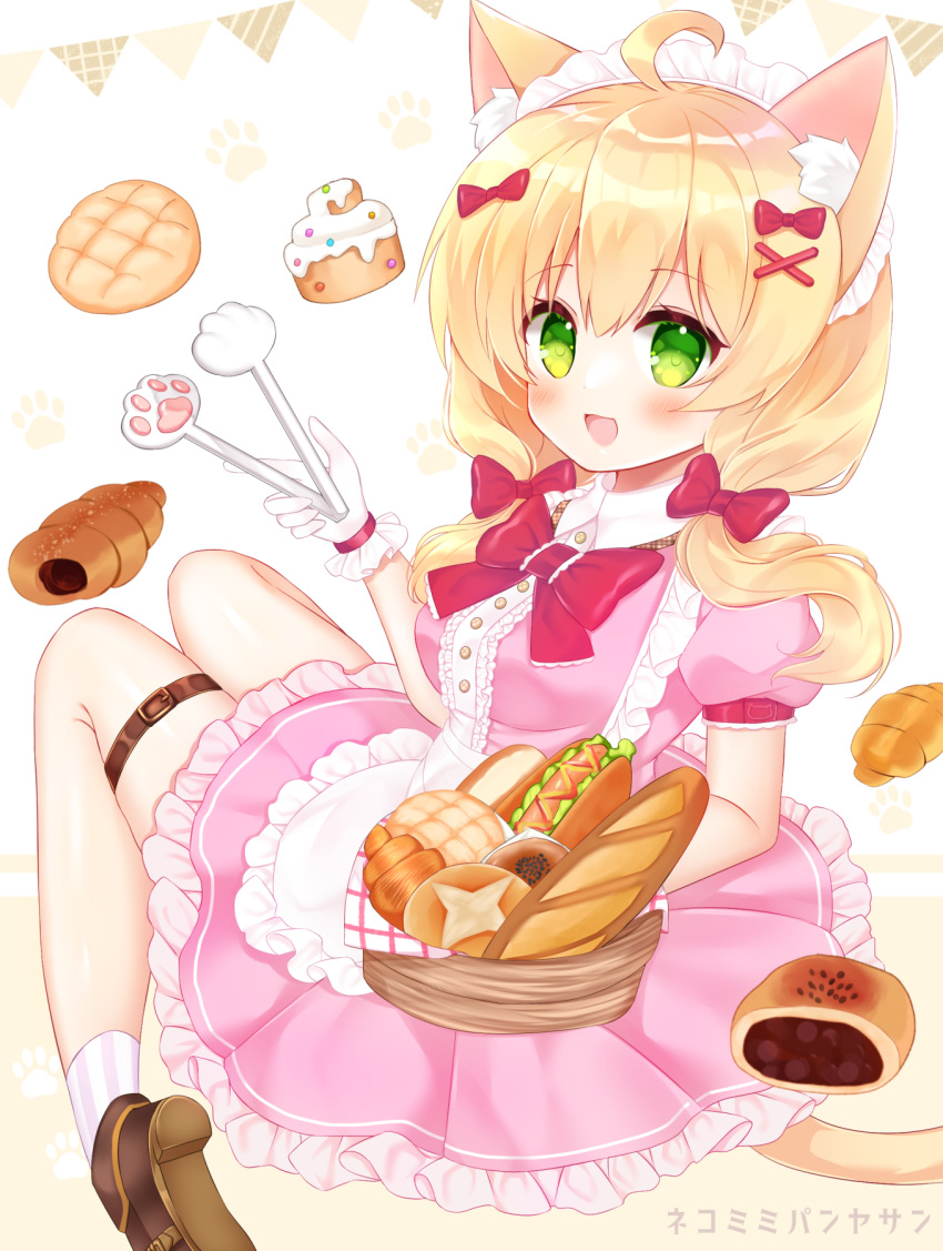 1girl :d ahoge animal_ear_fluff animal_ears apron baguette basket blonde_hair blush bow bread breasts brown_footwear cat_ears cat_girl cat_tail chocolate_cornet collared_dress commentary_request dress food frilled_apron frilled_dress frills hair_bow hair_ornament hair_over_shoulder hairclip highres holding holding_basket long_hair looking_at_viewer looking_to_the_side low_twintails maid_headdress medium_breasts original pennant pink_dress pleated_dress red_bow shikito shoe_soles shoes smile socks solo string_of_flags striped striped_socks tail tongs twintails vertical-striped_socks vertical_stripes white_apron x_hair_ornament