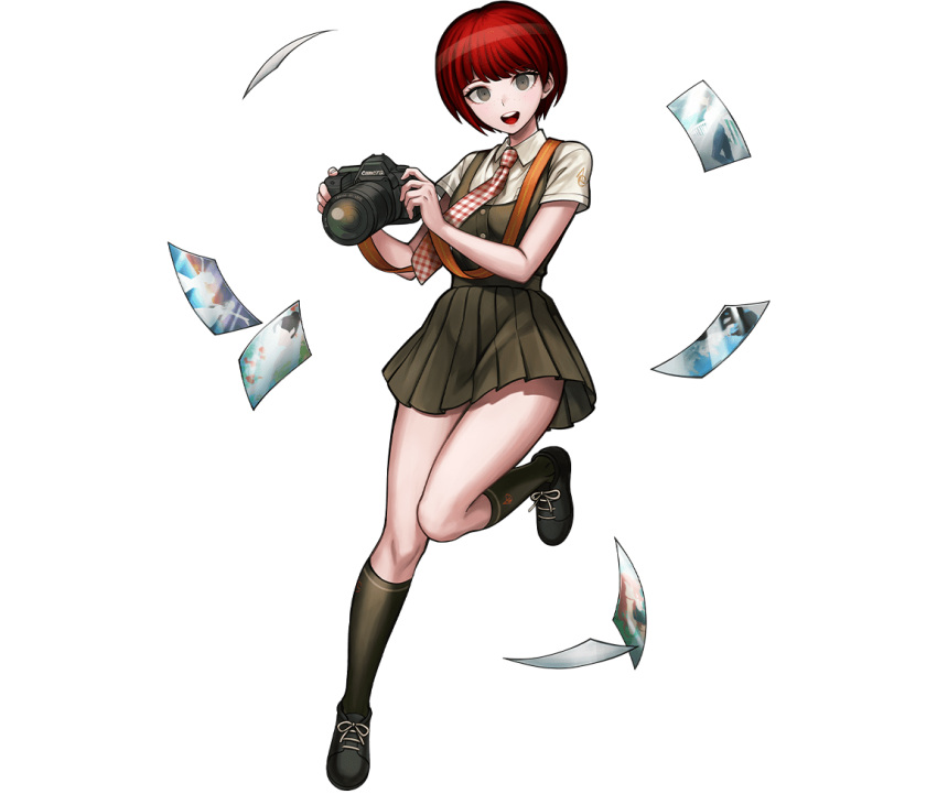 1girl :d aiming aiming_at_viewer artist_request black_footwear blunt_bangs breasts brown_eyes camera commentary danganronpa_(series) danganronpa_2:_goodbye_despair dress dress_shirt english_commentary falling full_body gingham_necktie green_dress green_socks holding holding_camera kneehighs koizumi_mahiru looking_at_viewer medium_breasts necktie official_art open_mouth photo_(object) pinafore_dress pleated_dress red_necktie redhead ringed_eyes school_uniform shiropro:re shirt shoes short_hair short_sleeves simple_background sleeveless sleeveless_dress smile socks solo standing standing_on_one_leg tachi-e taking_picture third-party_source transparent_background two-tone_necktie very_short_hair white_necktie white_shirt