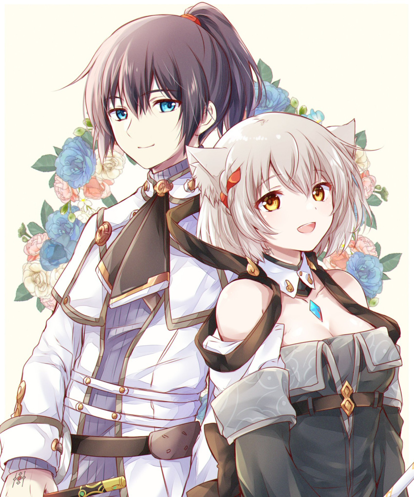 1boy 1girl alternate_color animal_ear_fluff animal_ears ascot black_ascot black_hair black_shirt blue_eyes capelet cat_ears chest_jewel closed_mouth commentary_request core_crystal_(xenoblade) detached_collar grey_hair hair_between_eyes hand_tattoo highres jacket long_hair long_sleeves mio_(xenoblade) noah_(xenoblade) off_shoulder open_clothes open_jacket open_mouth ponytail purple_sweater ribbed_sweater shirt short_hair smile sweater tattoo teeth turtleneck turtleneck_sweater ui_frara upper_teeth_only white_capelet white_jacket xenoblade_chronicles_(series) xenoblade_chronicles_3 yellow_eyes