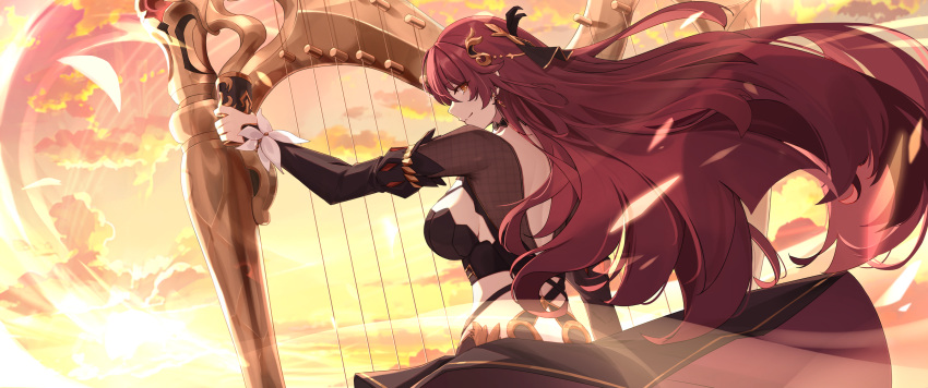 1girl absurdres brown_dress clouds cloudy_sky doge_onion dress eden_(honkai_impact) hair_between_eyes harp highres holding_goblet honkai_(series) honkai_impact_3rd instrument juliet_sleeves light_smile long_hair long_sleeves looking_at_viewer looking_to_the_side no_bra puffy_sleeves redhead sky solo sunset very_long_hair yellow_eyes