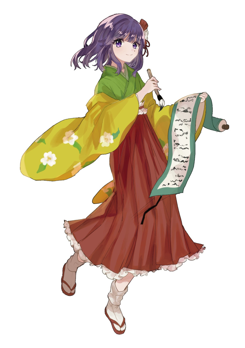 1girl closed_mouth commentary_request floral_print full_body green_kimono hanging_scroll hieda_no_akyuu highres holding holding_paintbrush japanese_clothes kalmeyaki kimono korean_commentary long_skirt looking_at_viewer paintbrush purple_hair red_skirt scroll skirt smile socks solo touhou violet_eyes white_socks wide_sleeves yellow_sleeves