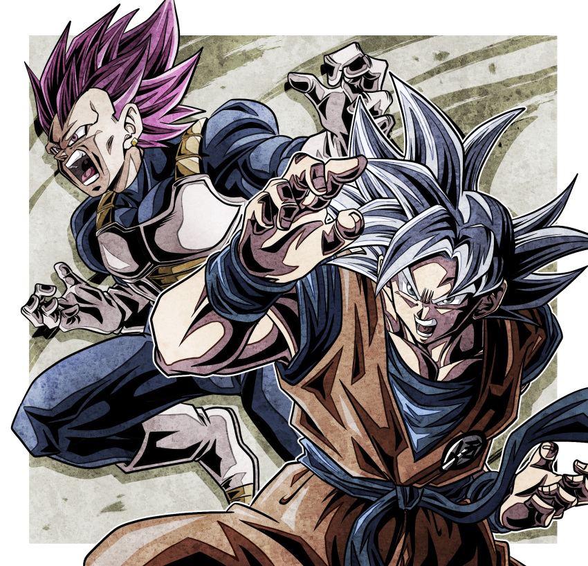 2boys angry armor biceps blue_bodysuit blue_sash blue_shirt blue_wristband bodysuit boots border breastplate commentary_request dougi dragon_ball dragon_ball_super glasses gloves grey_eyes hands_up highres looking_at_viewer male_focus multiple_boys muscular muscular_male no_eyebrows open_mouth orange_pants outside_border pants pectorals purple_hair saiyan_armor sash serious shirt short_sleeves simple_background son_goku spiky_hair teeth tongue ultra_ego_(dragon_ball) ultra_instinct ushi_(akabec0) v-shaped_eyebrows vegeta violet_eyes white_border white_footwear white_gloves white_hair wristband