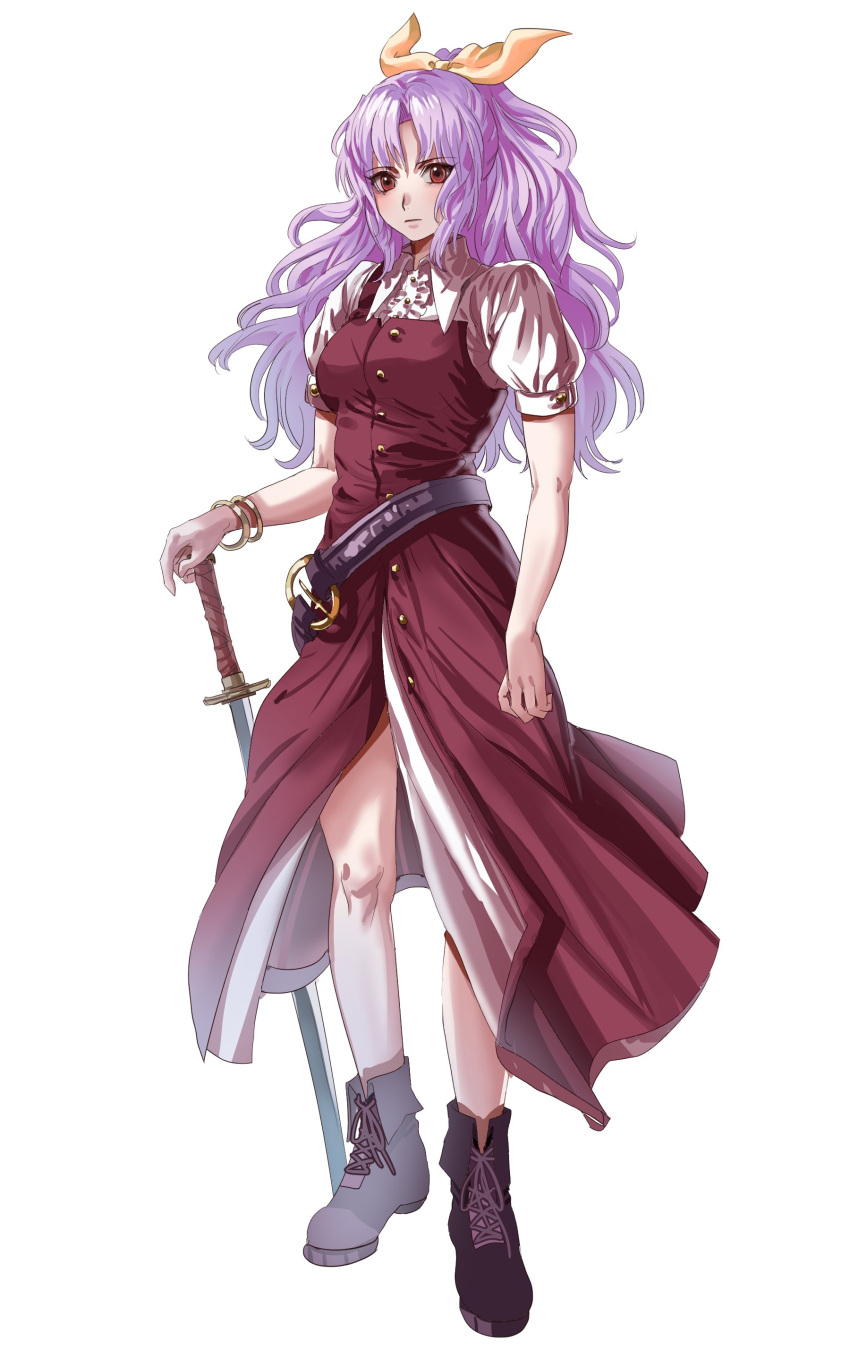1girl absurdres belt bracelet commentary_request dress full_body hair_ribbon hand_on_hilt highres jewelry korean_commentary kuya_(hey36253625) long_hair looking_at_viewer purple_hair red_dress red_eyes ribbon short_sleeves simple_background solo standing sword touhou watatsuki_no_yorihime weapon white_background yellow_ribbon