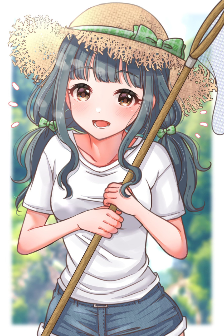 1girl blurry blurry_background blush bow breasts butterfly_net collarbone denim denim_shorts fujii_tomo green_eyes hair_bow hand_net hat highres holding holding_butterfly_net idolmaster idolmaster_cinderella_girls looking_at_viewer mariabowl medium_breasts outdoors shirt short_sleeves shorts smile solo straw_hat twintails white_shirt