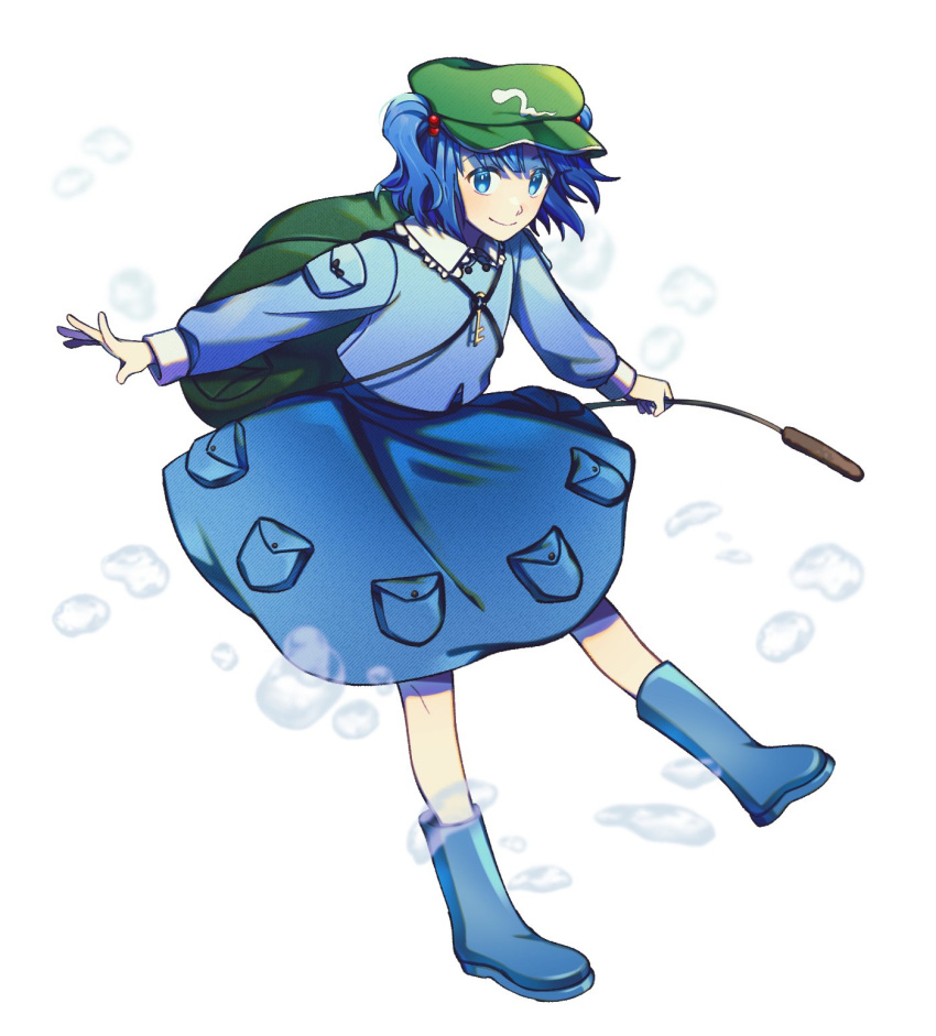 1girl backpack bag blue_footwear blue_hair blue_shirt blue_skirt boots bubble cattail closed_mouth commentary_request flat_cap green_headwear hair_bobbles hair_ornament hat highres kawashiro_nitori key korean_commentary long_sleeves looking_at_viewer plant pocket rubber_boots shirt short_hair simple_background skirt smile solo touhou two_side_up white_background xvx_x0x