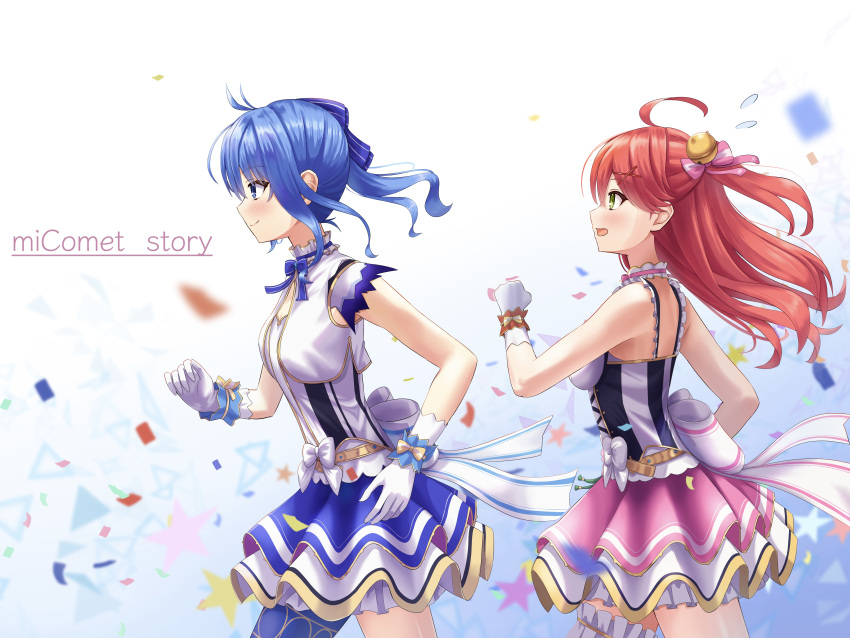 2girls absurdres asakura_(asa_t77) back_bow bell belt blue_bow blue_bowtie blue_eyes blue_hair blue_skirt blue_thighhighs blush bodice bow bow_skirt bowtie bridal_garter closed_mouth commentary_request confetti cowboy_shot english_text frilled_straps frills gloves green_eyes hair_bell hair_ornament hairclip highres hololive hololive_idol_uniform hoshimachi_suisei idol idol_clothes jingle_bell large_bow layered_skirt long_hair miniskirt multiple_girls official_alternate_costume one_side_up open_mouth pink_hair pink_skirt profile redhead running sakura_miko single_thighhigh skirt skirt_set sleeveless smile thigh-highs vest virtual_youtuber white_bow white_gloves white_skirt white_vest wrist_cuffs x_hair_ornament