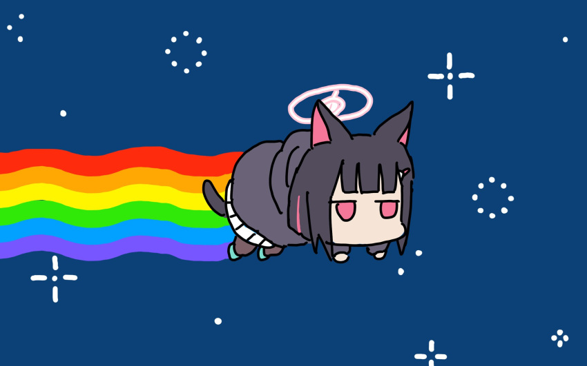 1girl all_fours animal_ears black_hair black_pantyhose black_skirt black_sweater blue_archive blunt_bangs bob_cut cat_ears cat_girl chibi commentary english_commentary full_body halo highres hood hooded_sweater kazusa_(blue_archive) long_sleeves looking_at_viewer meme multicolored_hair night night_sky nyan_cat pantyhose parody pleated_skirt rainbow red_eyes school_uniform serafuku short_hair sidelocks simple_background skirt sky solo star_(sky) starry_sky streaked_hair sweater trait_connection two-tone_hair washin