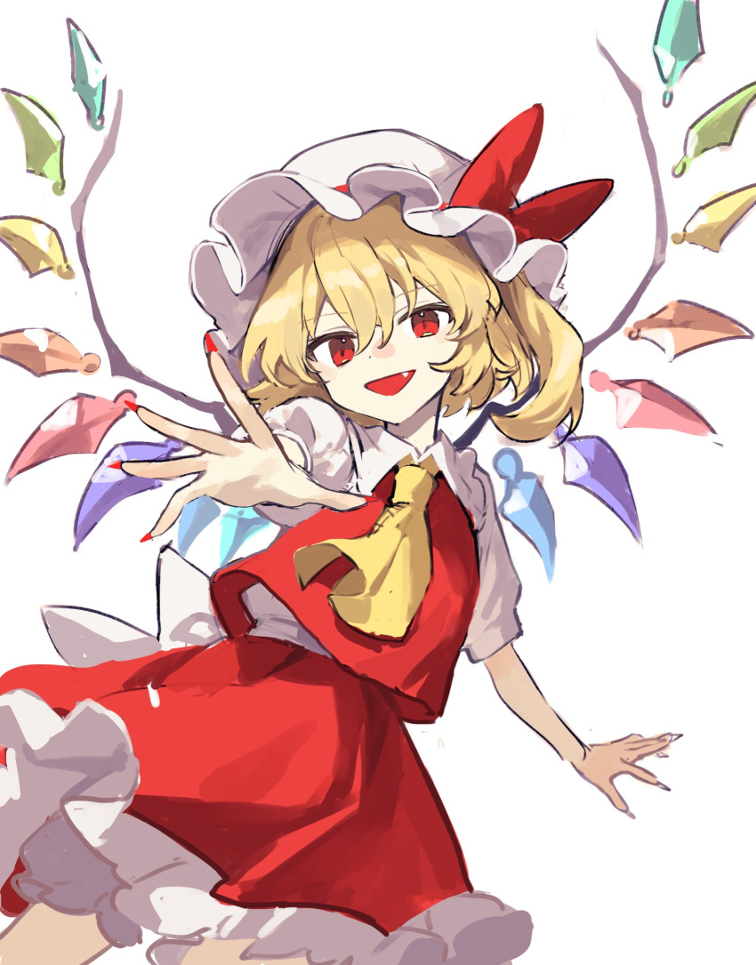 1girl :d arm_up ascot back_bow bow crystal dot_nose fang fingernails flandre_scarlet flat_chest foreshortening frilled_shirt_collar frills hair_between_eyes hat hat_bow highres jill_07km light_blush looking_at_viewer mob_cap nail_polish one_side_up open_mouth petite reaching reaching_towards_viewer red_bow red_eyes red_nails red_skirt red_vest sharp_fingernails short_hair_with_long_locks simple_background skirt skirt_set smile solo touhou vest white_background wings yellow_ascot