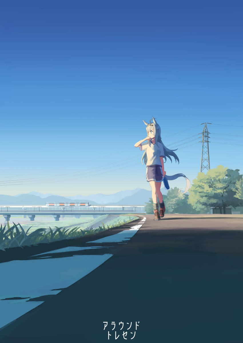 1girl absurdres ahoge animal_ears black_shorts bottle commentary day grey_hair highres holding holding_bottle horse_ears horse_girl horse_tail long_hair looking_to_the_side oguri_cap_(umamusume) orange_footwear outdoors power_lines shadow shirt shoes short_sleeves shorts sneakers solo tail train translated transmission_tower tree umamusume utachy walking white_shirt wiping_face