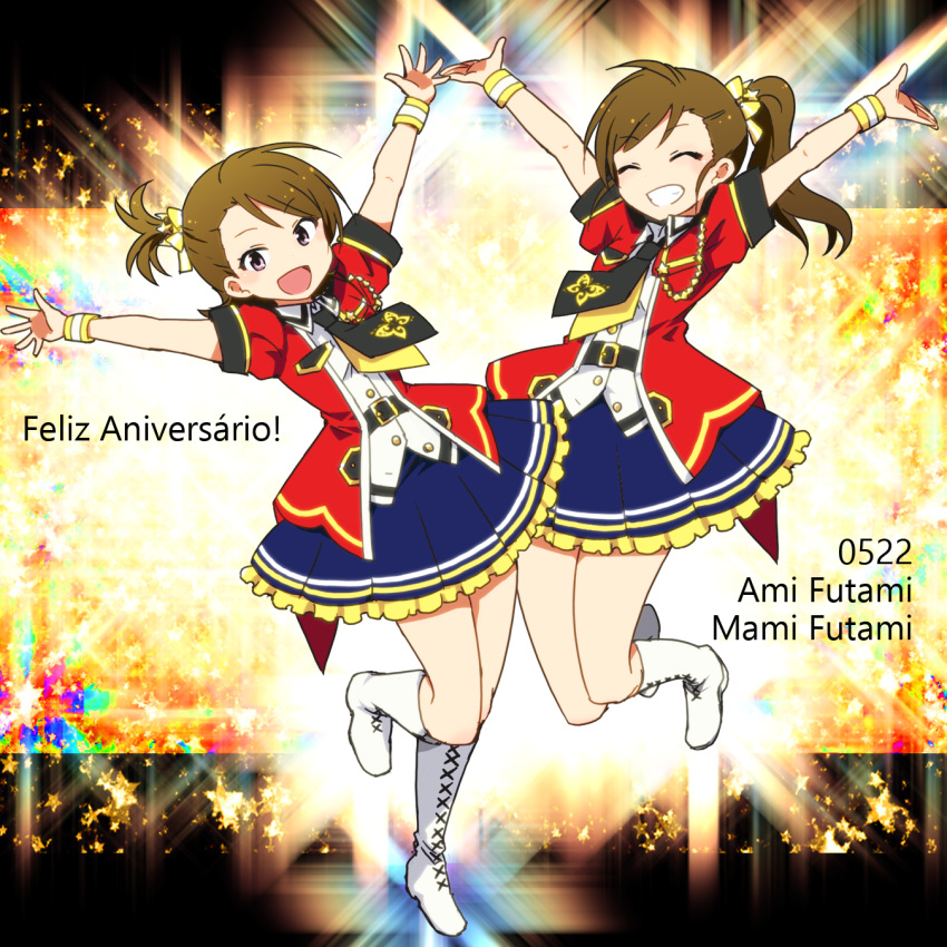 2girls ^_^ animal_print arms_up belt black_belt blue_skirt boots bow breasts brown_hair butterfly_print character_name closed_eyes dot_nose frilled_skirt frills full_body futami_ami futami_mami grin hair_bow hair_ribbon happy_birthday highres idolmaster idolmaster_(classic) idolmaster_million_live! idolmaster_million_live!_theater_days jacket jumping kidachi leg_up long_hair looking_at_viewer multicolored_background multiple_girls necktie open_clothes open_hands open_jacket open_mouth pleated_skirt portuguese_text print_necktie red_jacket ribbon shirt short_hair short_sleeves siblings side_ponytail sisters skirt small_breasts smile sparkle standing standing_on_one_leg starry_background translated twins two-tone_necktie violet_eyes white_footwear white_shirt yellow_ribbon yellow_wristband
